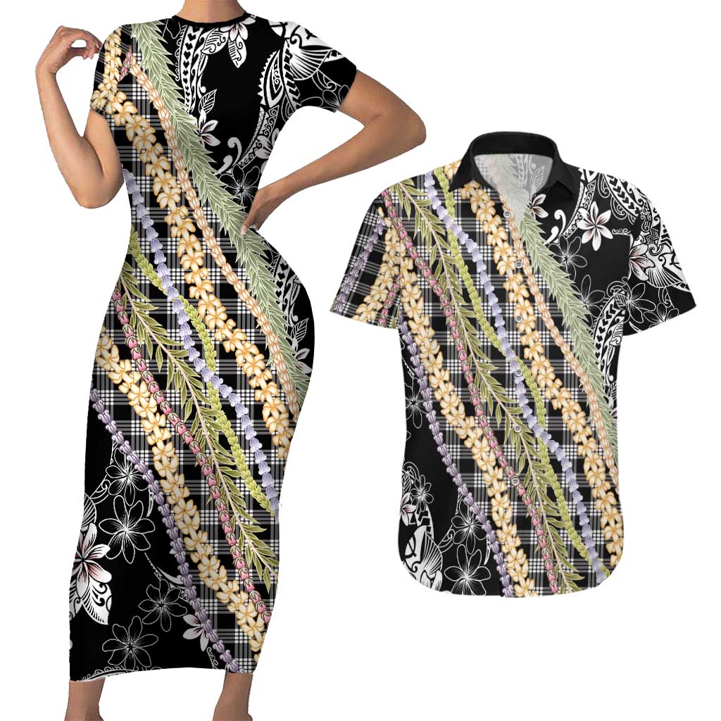 Black Palaka Hawaii Leis Couples Matching Short Sleeve Bodycon Dress and Hawaiian Shirt Hawaiian-plaid Elegant Tropical Vibes - Polynesian Pride