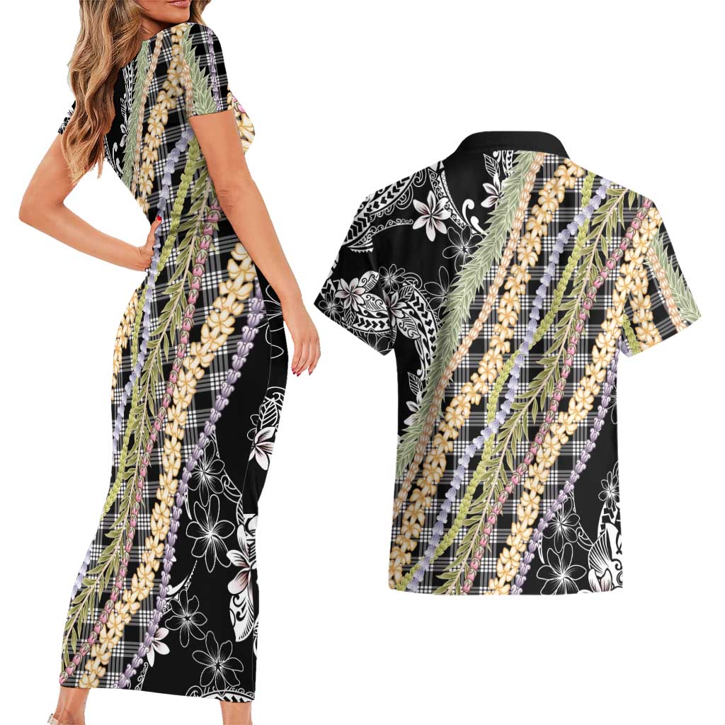 Black Palaka Hawaii Leis Couples Matching Short Sleeve Bodycon Dress and Hawaiian Shirt Hawaiian-plaid Elegant Tropical Vibes - Polynesian Pride