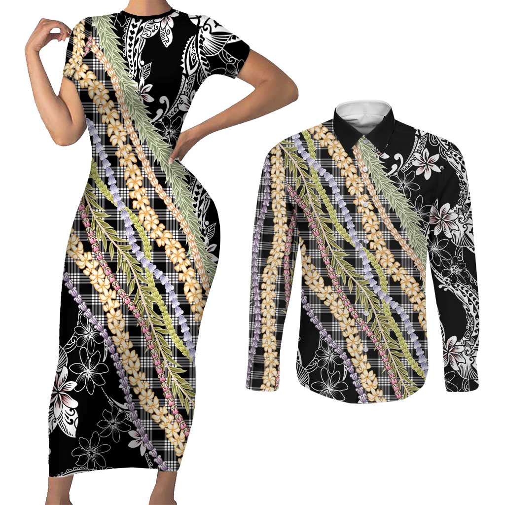Black Palaka Hawaii Leis Couples Matching Short Sleeve Bodycon Dress and Long Sleeve Button Shirt Hawaiian-plaid Elegant Tropical Vibes LT14 Black - Polynesian Pride