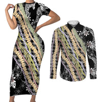 Black Palaka Hawaii Leis Couples Matching Short Sleeve Bodycon Dress and Long Sleeve Button Shirt Hawaiian-plaid Elegant Tropical Vibes LT14 Black - Polynesian Pride