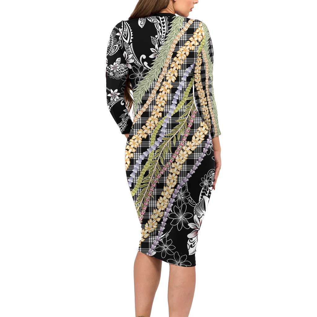 Black Palaka Hawaii Leis Family Matching Long Sleeve Bodycon Dress and Hawaiian Shirt Hawaiian-plaid Elegant Tropical Vibes - Polynesian Pride
