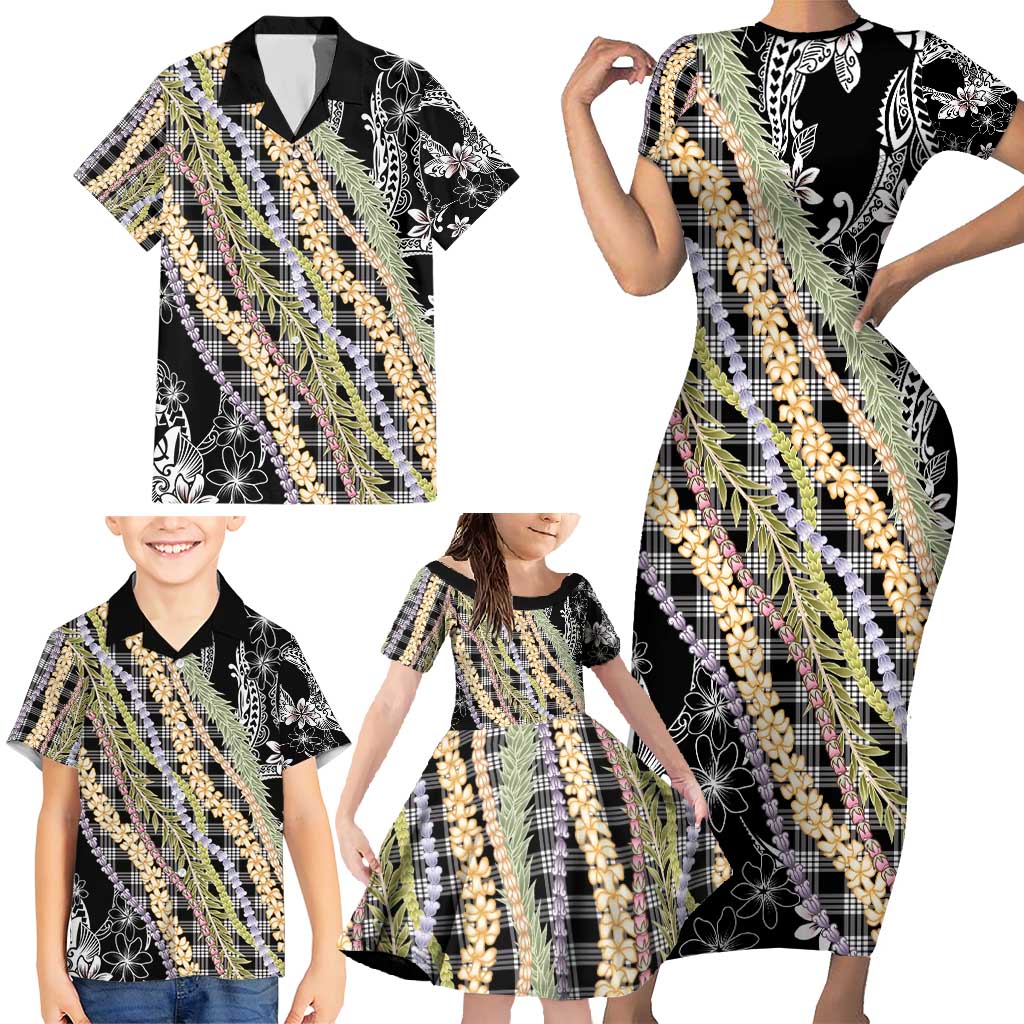 Black Palaka Hawaii Leis Family Matching Short Sleeve Bodycon Dress and Hawaiian Shirt Hawaiian-plaid Elegant Tropical Vibes - Polynesian Pride
