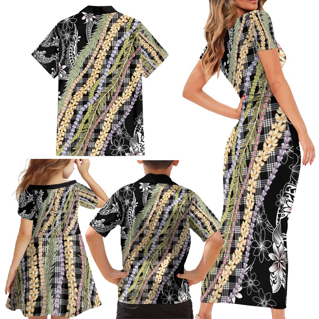 Black Palaka Hawaii Leis Family Matching Short Sleeve Bodycon Dress and Hawaiian Shirt Hawaiian-plaid Elegant Tropical Vibes - Polynesian Pride