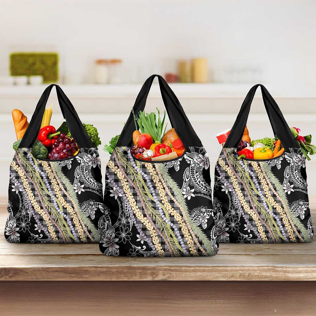Black Palaka Hawaii Leis Grocery Bag Hawaiian-plaid Elegant Tropical Vibes LT14 3-pack One Size Black - Polynesian Pride