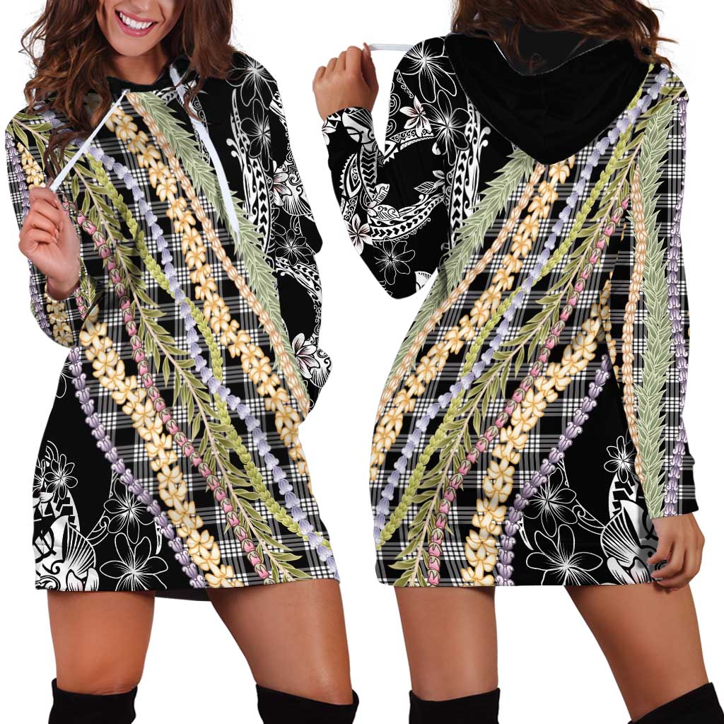 Black Palaka Hawaii Leis Hoodie Dress Hawaiian-plaid Elegant Tropical Vibes - Polynesian Pride