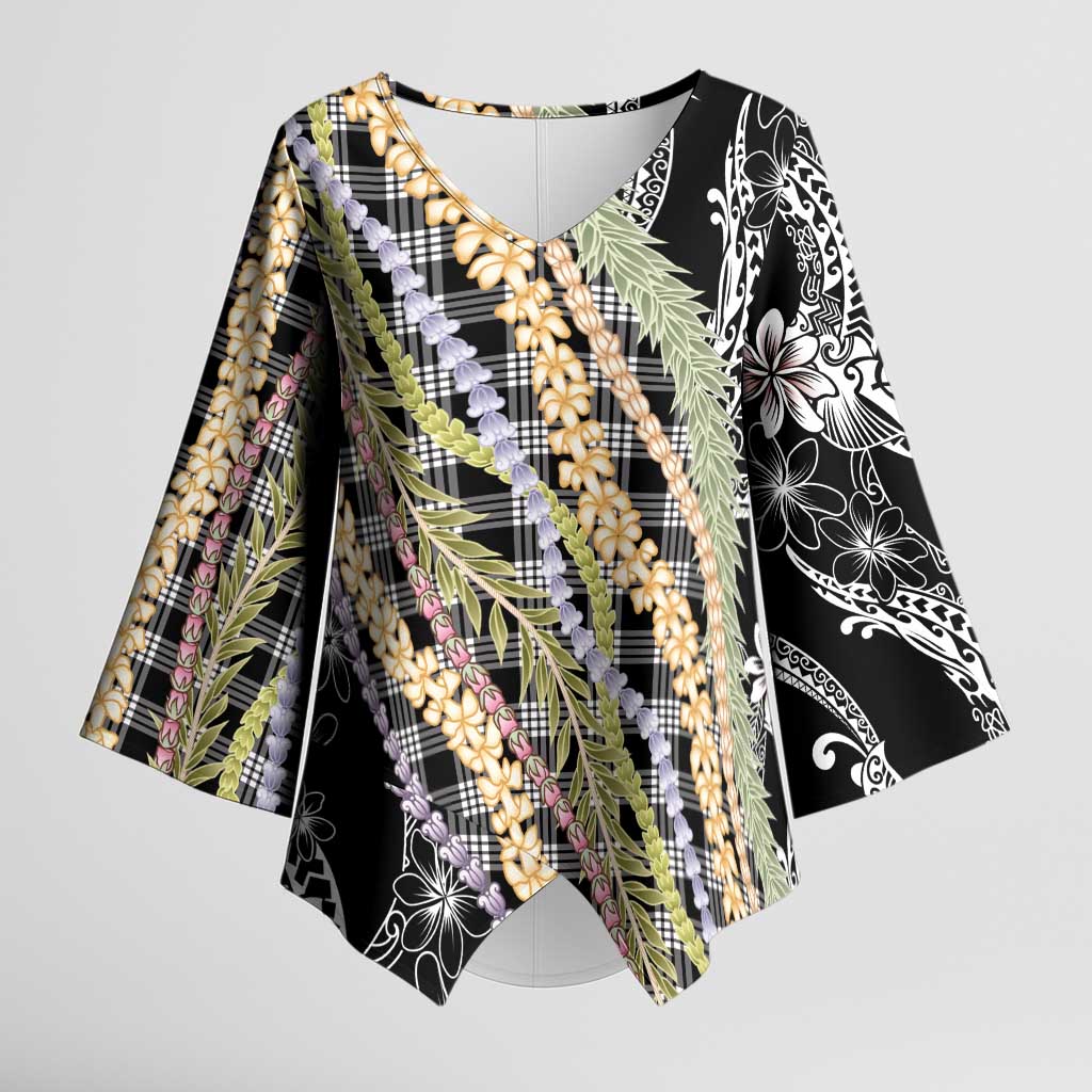 Black Palaka Hawaii Leis Kimono Sleeve Blouse - Hawaiian Plaid Elegant Tropical Vibes LT14 Female Black - Polynesian Pride