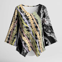 Black Palaka Hawaii Leis Kimono Sleeve Blouse - Hawaiian Plaid Elegant Tropical Vibes LT14 Female Black - Polynesian Pride