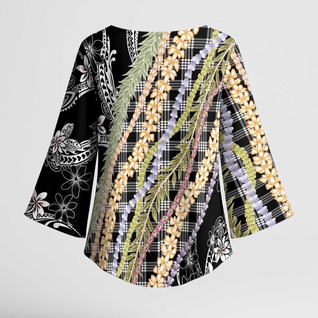 Black Palaka Hawaii Leis Kimono Sleeve Blouse - Hawaiian Plaid Elegant Tropical Vibes LT14 - Polynesian Pride