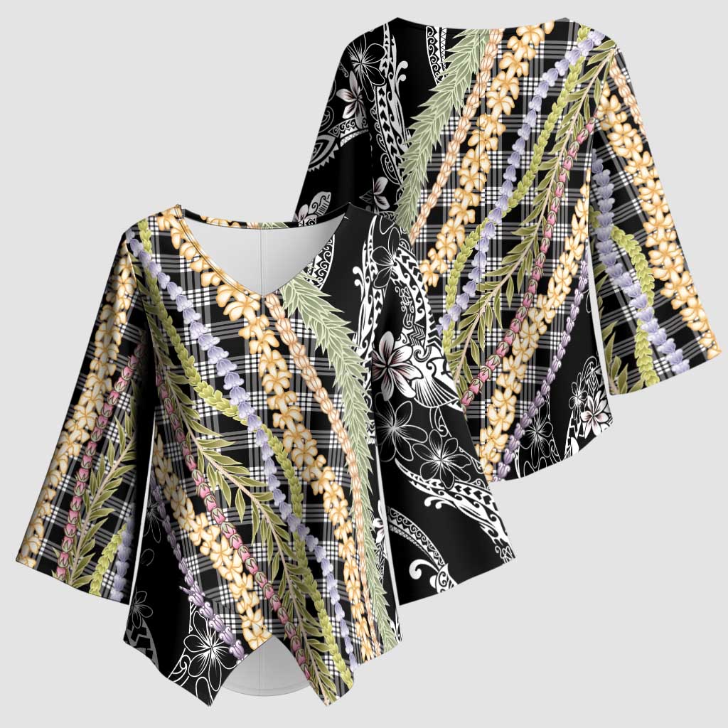 Black Palaka Hawaii Leis Kimono Sleeve Blouse - Hawaiian Plaid Elegant Tropical Vibes LT14 - Polynesian Pride