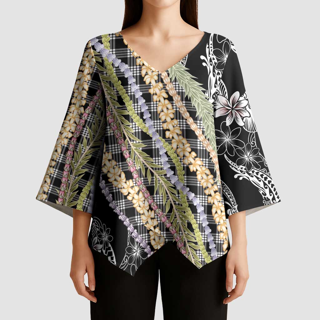 Black Palaka Hawaii Leis Kimono Sleeve Blouse - Hawaiian Plaid Elegant Tropical Vibes LT14 - Polynesian Pride