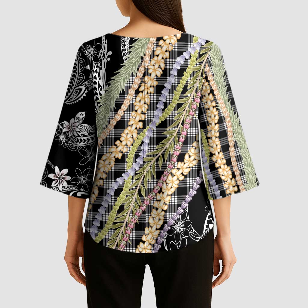 Black Palaka Hawaii Leis Kimono Sleeve Blouse - Hawaiian Plaid Elegant Tropical Vibes LT14 - Polynesian Pride