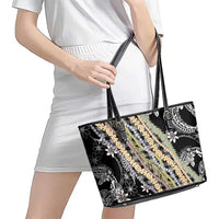 Black Palaka Hawaii Leis Leather Tote Bag Hawaiian-plaid Elegant Tropical Vibes - Polynesian Pride