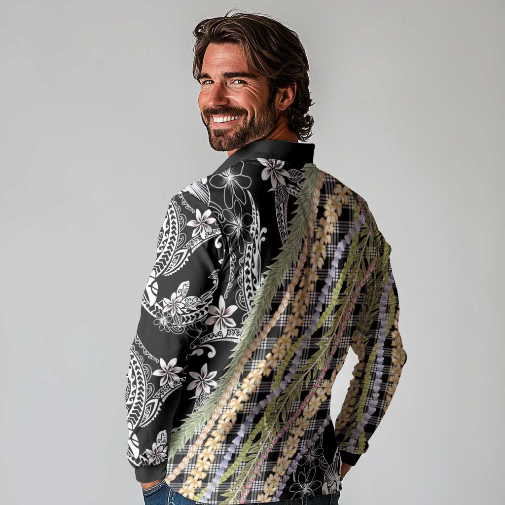 Black Palaka Hawaii Leis Long Sleeve Polo Shirt Hawaiian-plaid Elegant Tropical Vibes - Polynesian Pride