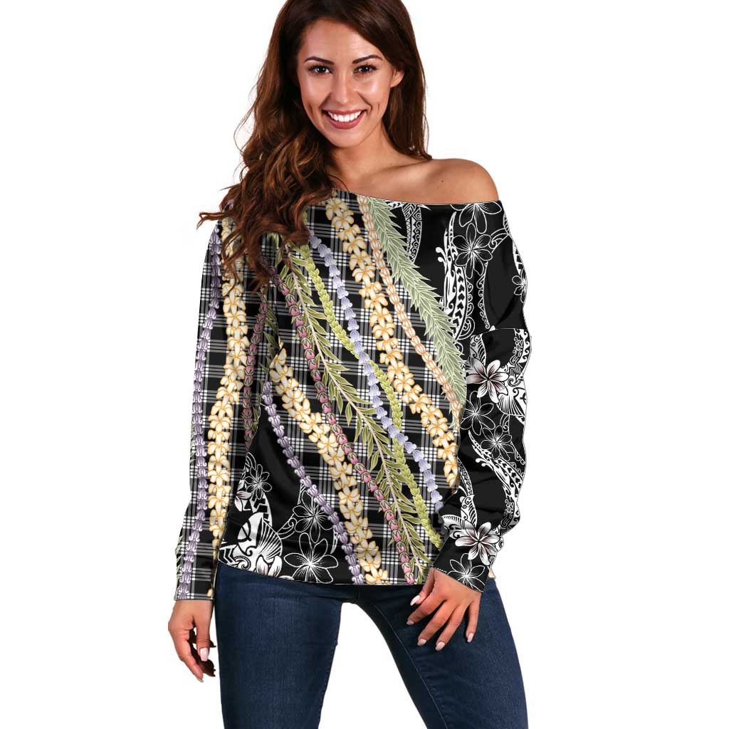 Black Palaka Hawaii Leis Off Shoulder Sweater Hawaiian-plaid Elegant Tropical Vibes - Polynesian Pride