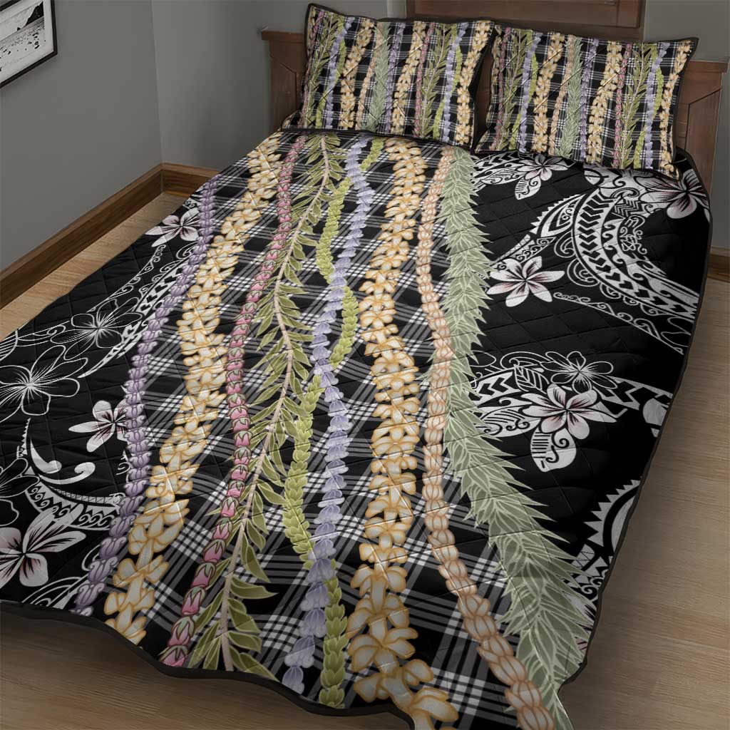 Black Palaka Hawaii Leis Quilt Bed Set Hawaiian-plaid Elegant Tropical Vibes - Polynesian Pride