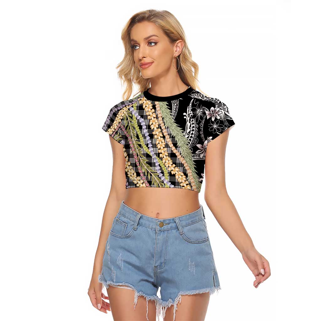 Black Palaka Hawaii Leis Raglan Cropped T Shirt Hawaiian-plaid Elegant Tropical Vibes - Polynesian Pride