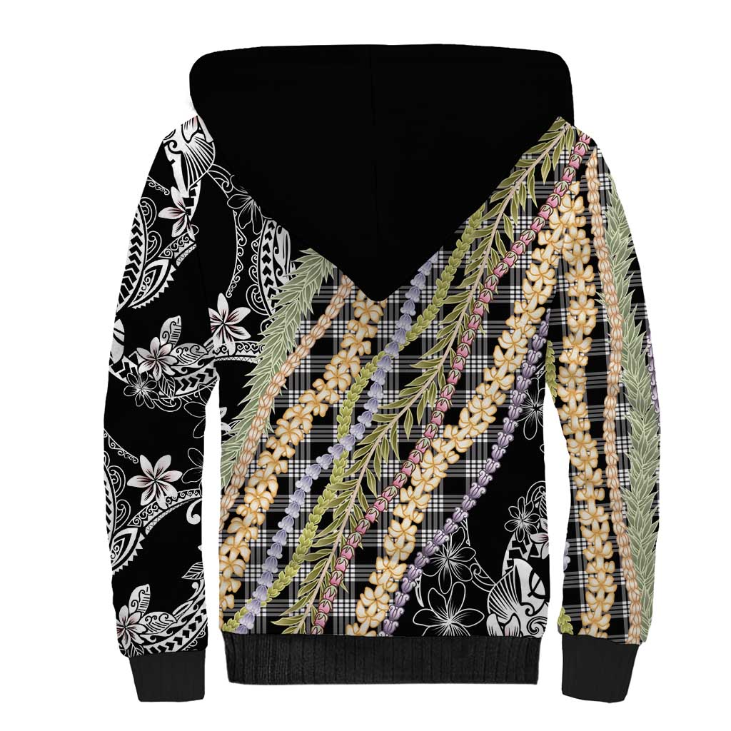 Black Palaka Hawaii Leis Sherpa Hoodie Hawaiian-plaid Elegant Tropical Vibes - Polynesian Pride