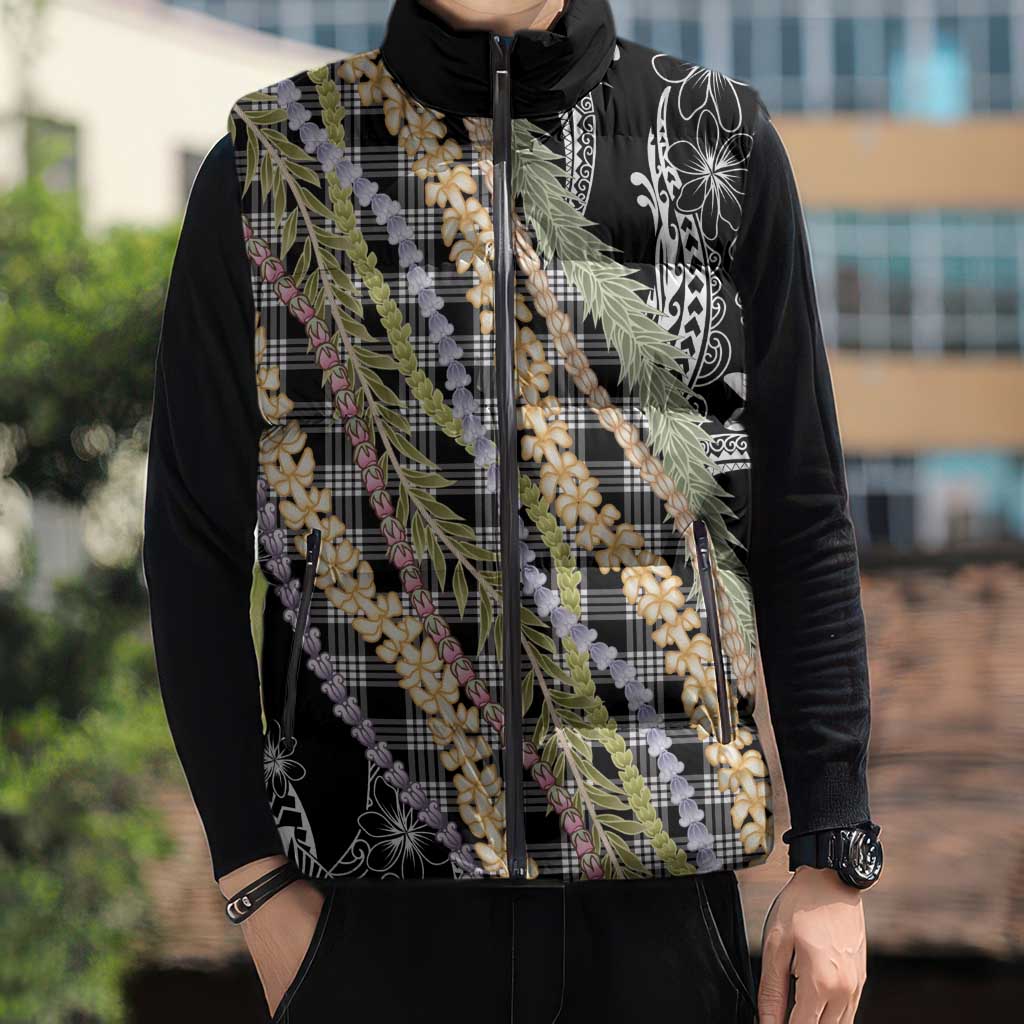 Black Palaka Hawaii Leis Sleeveless Puffer Jacket Hawaiian-plaid Elegant Tropical Vibes LT14 - Polynesian Pride