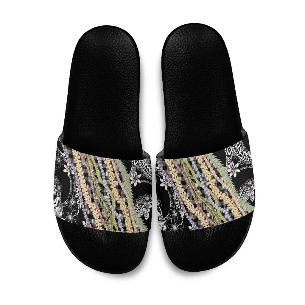 Black Palaka Hawaii Leis Slide Sandals Hawaiian-plaid Elegant Tropical Vibes LT14 Black - Polynesian Pride