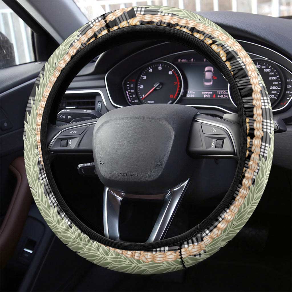 Black Palaka Hawaii Leis Steering Wheel Cover Hawaiian-plaid Elegant Tropical Vibes - Polynesian Pride