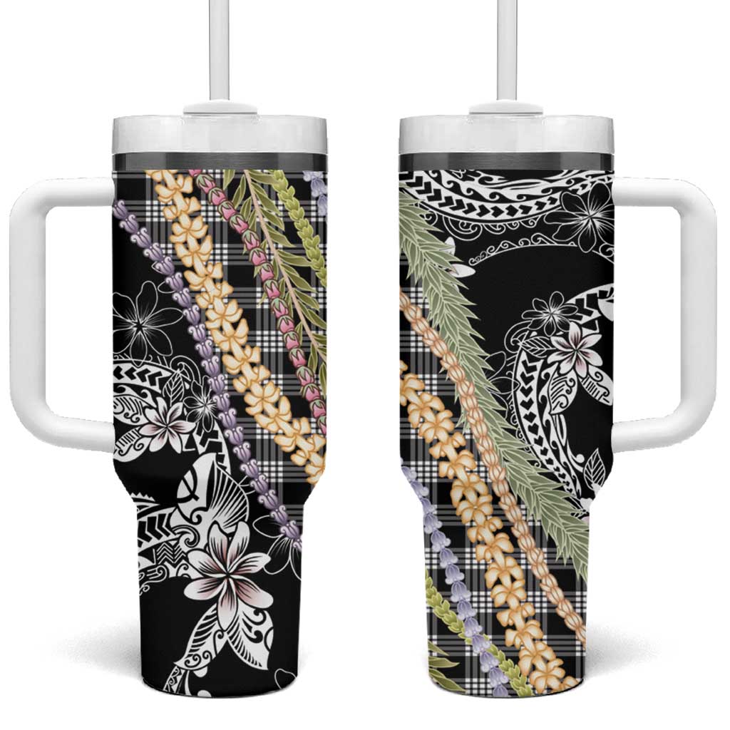 Black Palaka Hawaii Leis Tumbler With Handle Hawaiian-plaid Elegant Tropical Vibes - Polynesian Pride