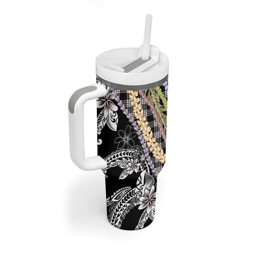 Black Palaka Hawaii Leis Tumbler With Handle Hawaiian-plaid Elegant Tropical Vibes LT14 - Polynesian Pride