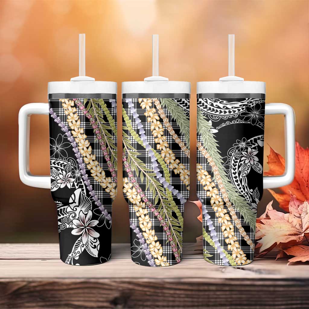 Black Palaka Hawaii Leis Tumbler With Handle Hawaiian-plaid Elegant Tropical Vibes LT14 - Polynesian Pride