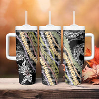Black Palaka Hawaii Leis Tumbler With Handle Hawaiian-plaid Elegant Tropical Vibes LT14 - Polynesian Pride