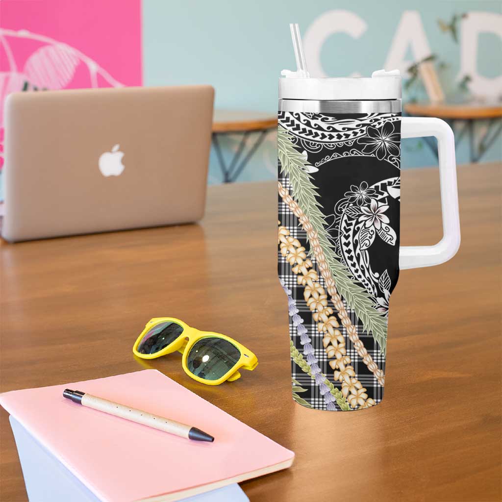 Black Palaka Hawaii Leis Tumbler With Handle Hawaiian-plaid Elegant Tropical Vibes LT14 - Polynesian Pride