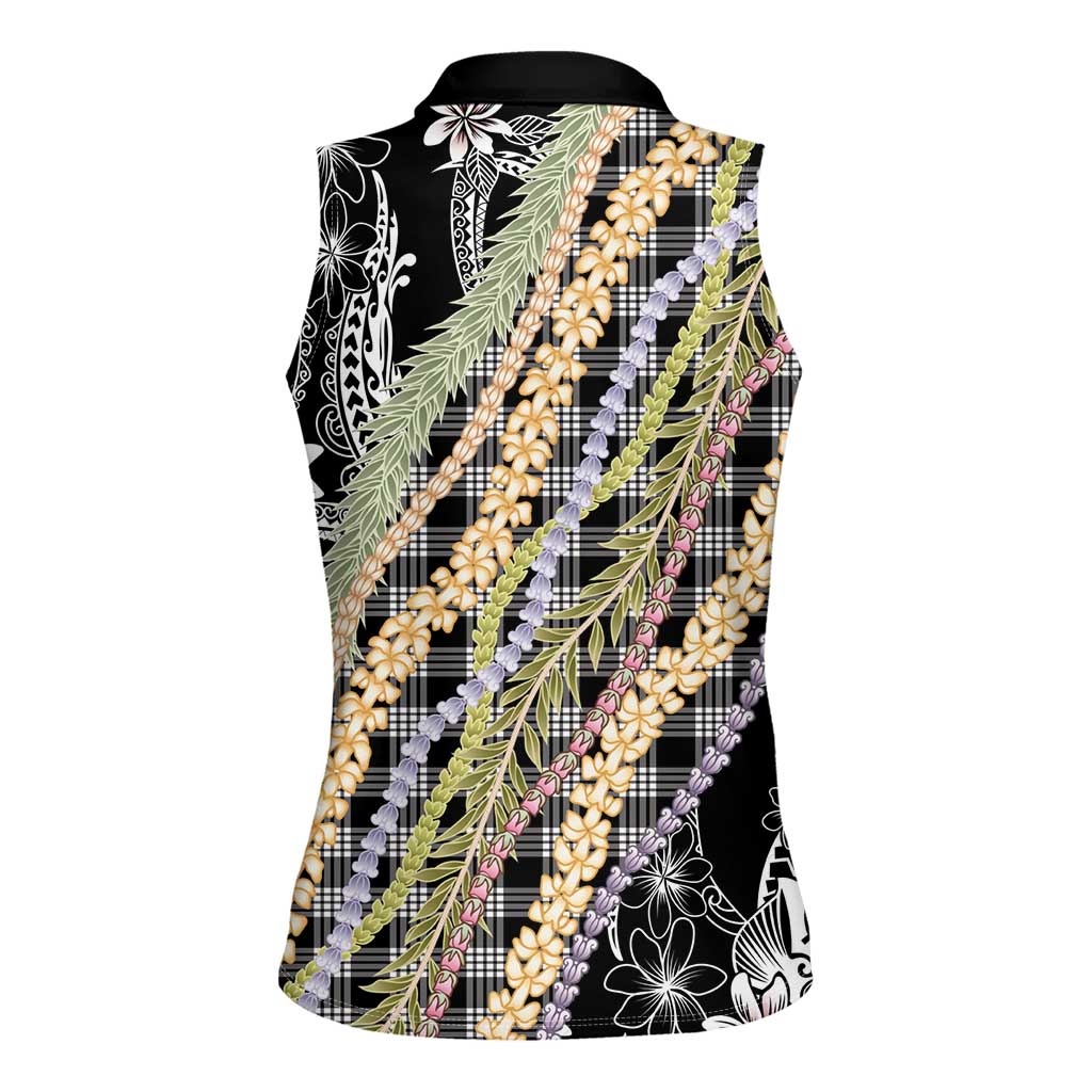 Black Palaka Hawaii Leis Women Sleeveless Polo Shirt Hawaiian-plaid Elegant Tropical Vibes - Polynesian Pride