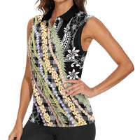 Black Palaka Hawaii Leis Women Sleeveless Polo Shirt Hawaiian-plaid Elegant Tropical Vibes - Polynesian Pride