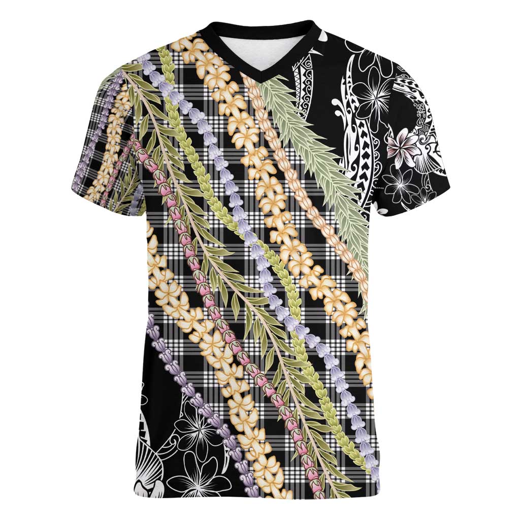 Black Palaka Hawaii Leis Women V-Neck T-Shirt Hawaiian-plaid Elegant Tropical Vibes - Polynesian Pride
