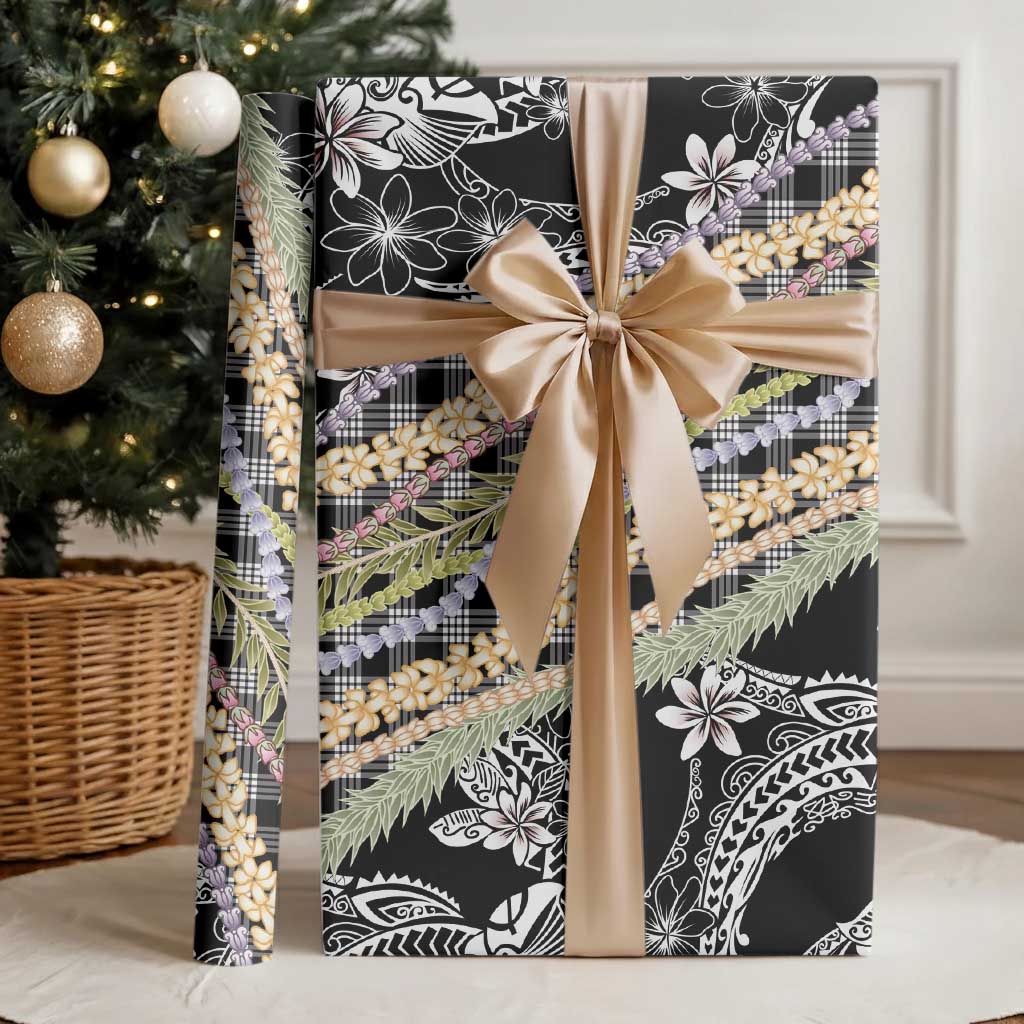 Black Palaka Hawaii Leis Wrapping Paper Hawaiian-plaid Elegant Tropical Vibes - Polynesian Pride