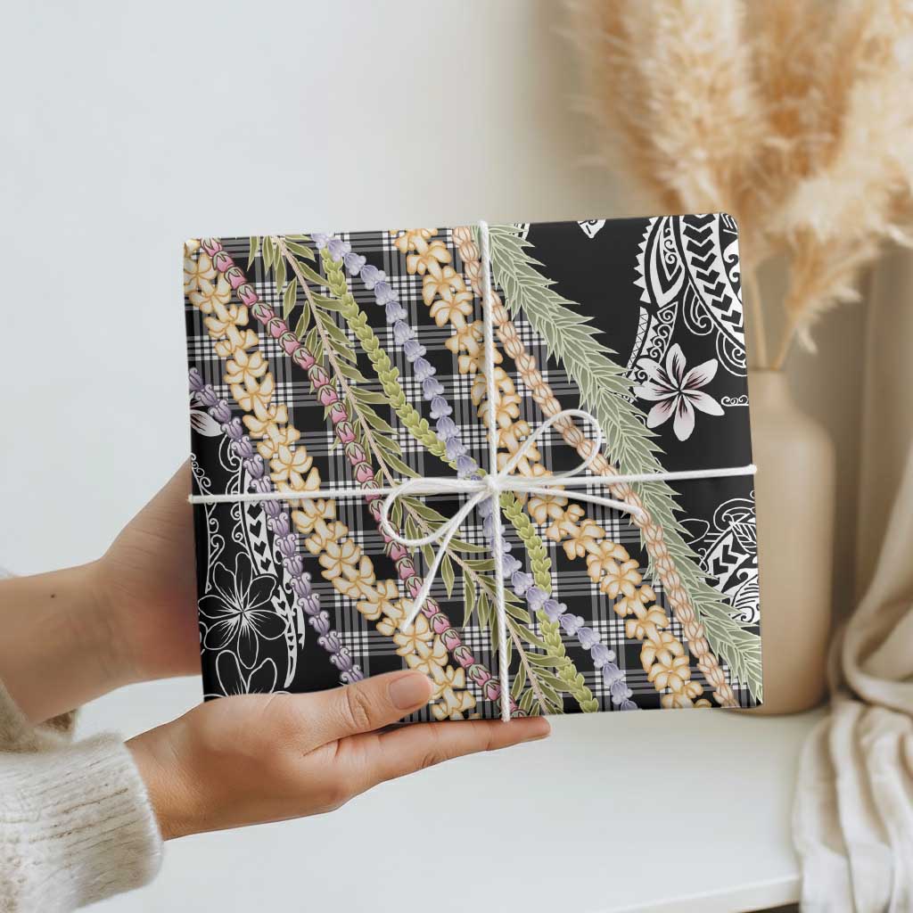 Black Palaka Hawaii Leis Wrapping Paper Hawaiian-plaid Elegant Tropical Vibes - Polynesian Pride