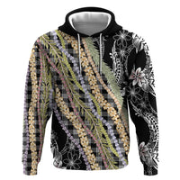 Black Palaka Hawaii Leis Zip Hoodie Hawaiian-plaid Elegant Tropical Vibes - Polynesian Pride