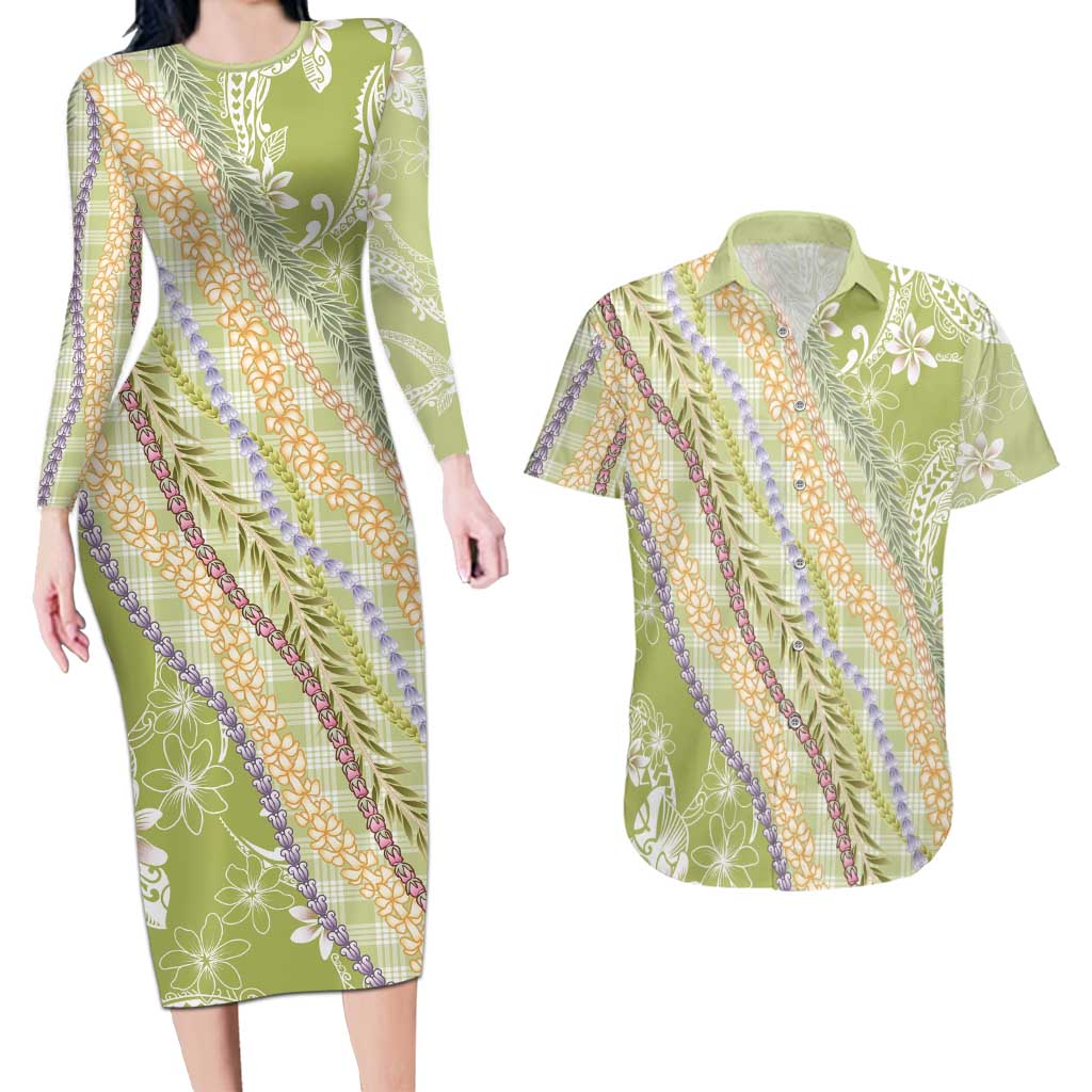 Green Palaka Hawaii Leis Couples Matching Long Sleeve Bodycon Dress and Hawaiian Shirt Hawaiian-plaid Elegant Tropical Vibes - Polynesian Pride