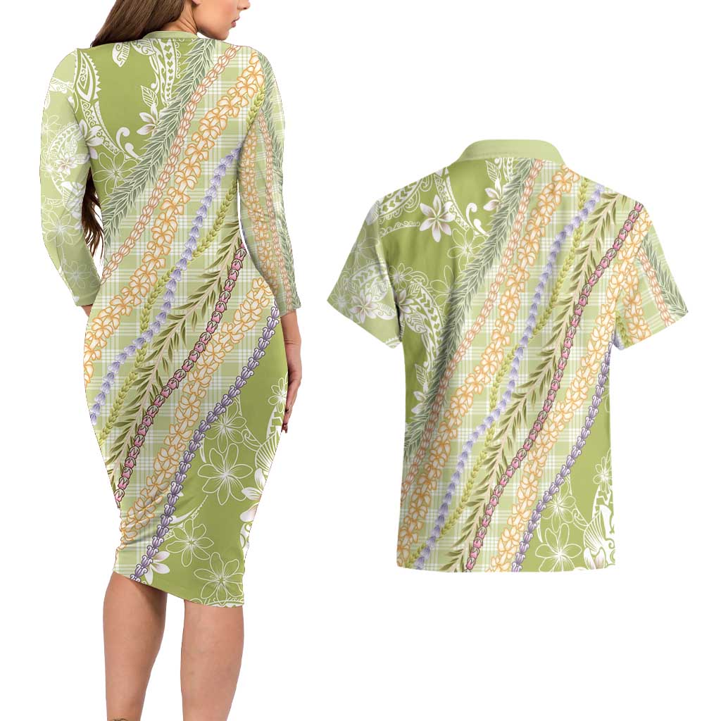Green Palaka Hawaii Leis Couples Matching Long Sleeve Bodycon Dress and Hawaiian Shirt Hawaiian-plaid Elegant Tropical Vibes - Polynesian Pride
