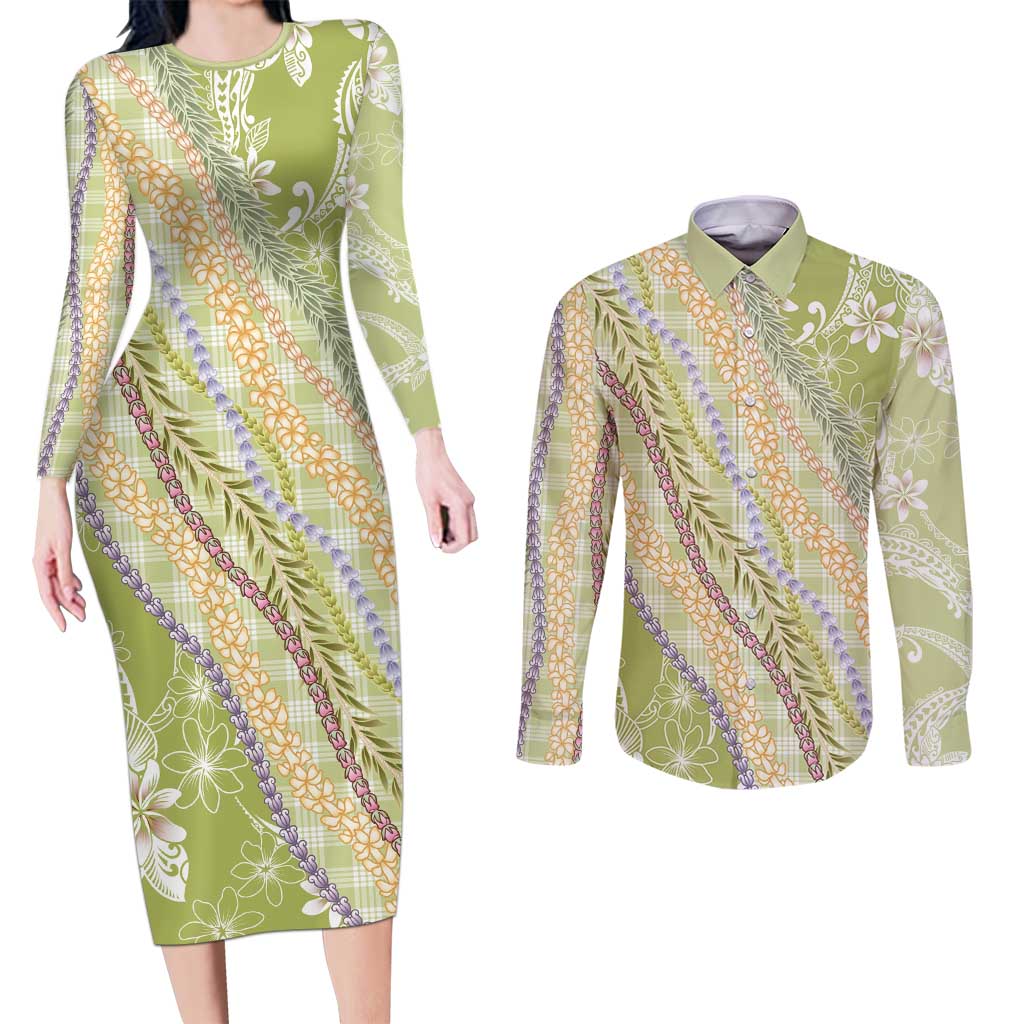 Green Palaka Hawaii Leis Couples Matching Long Sleeve Bodycon Dress and Long Sleeve Button Shirt Hawaiian-plaid Elegant Tropical Vibes LT14 Green - Polynesian Pride