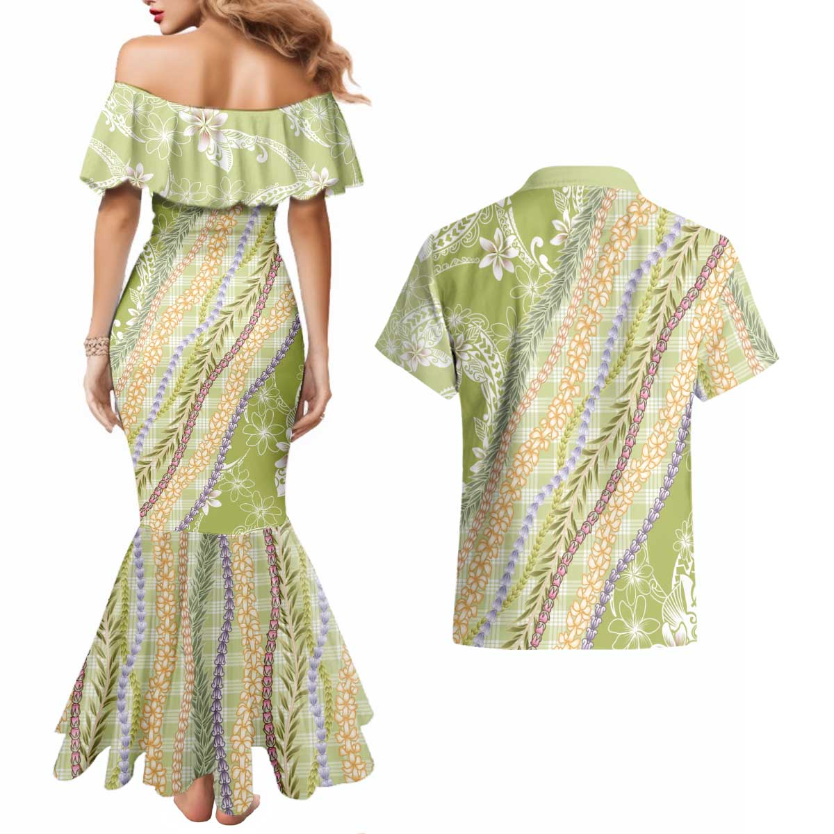 Green Palaka Hawaii Leis Couples Matching Mermaid Dress and Hawaiian Shirt Hawaiian-plaid Elegant Tropical Vibes - Polynesian Pride