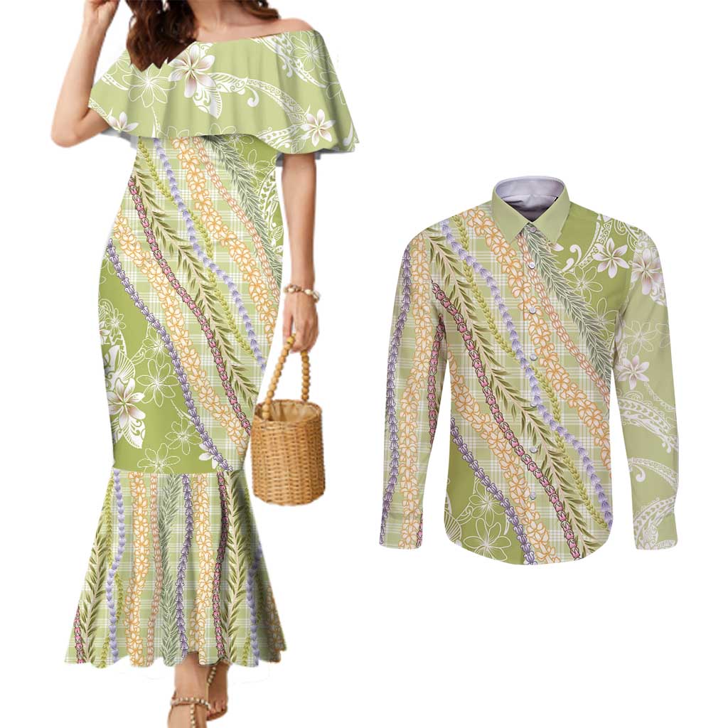 Green Palaka Hawaii Leis Couples Matching Mermaid Dress and Long Sleeve Button Shirt Hawaiian-plaid Elegant Tropical Vibes - Polynesian Pride
