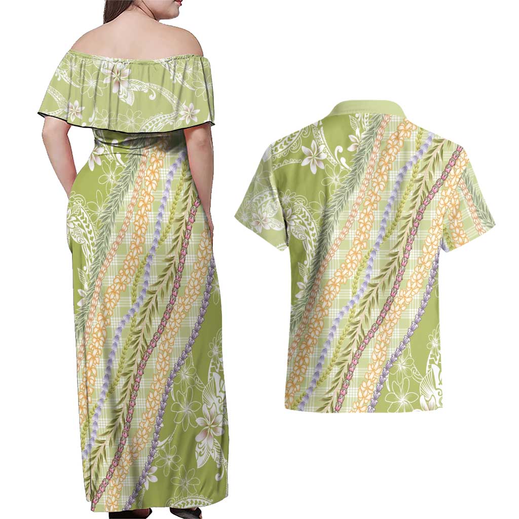 Green Palaka Hawaii Leis Couples Matching Off Shoulder Maxi Dress and Hawaiian Shirt Hawaiian-plaid Elegant Tropical Vibes - Polynesian Pride