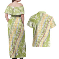 Green Palaka Hawaii Leis Couples Matching Off Shoulder Maxi Dress and Hawaiian Shirt Hawaiian-plaid Elegant Tropical Vibes - Polynesian Pride