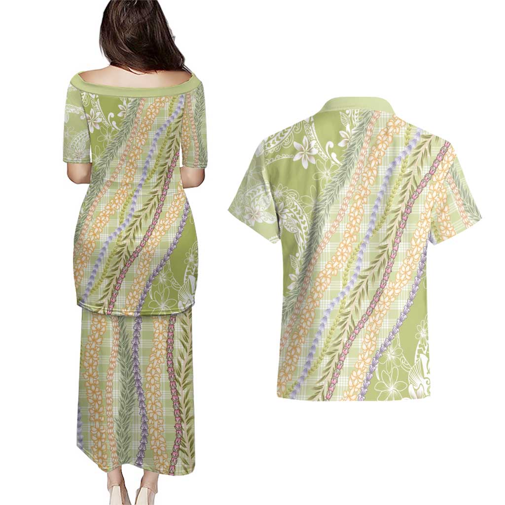 Green Palaka Hawaii Leis Couples Matching Puletasi and Hawaiian Shirt Hawaiian-plaid Elegant Tropical Vibes LT14 - Polynesian Pride