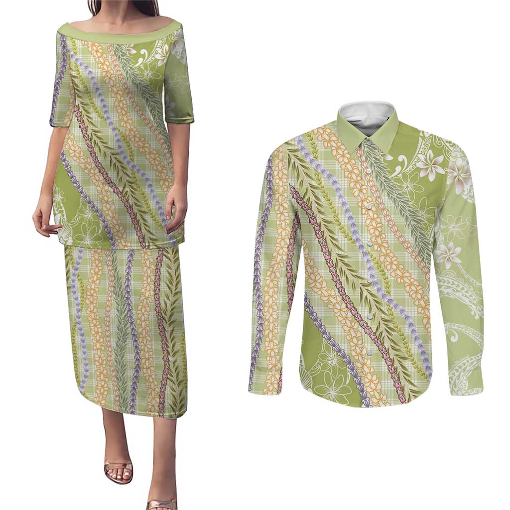 Green Palaka Hawaii Leis Couples Matching Puletasi and Long Sleeve Button Shirt Hawaiian-plaid Elegant Tropical Vibes - Polynesian Pride