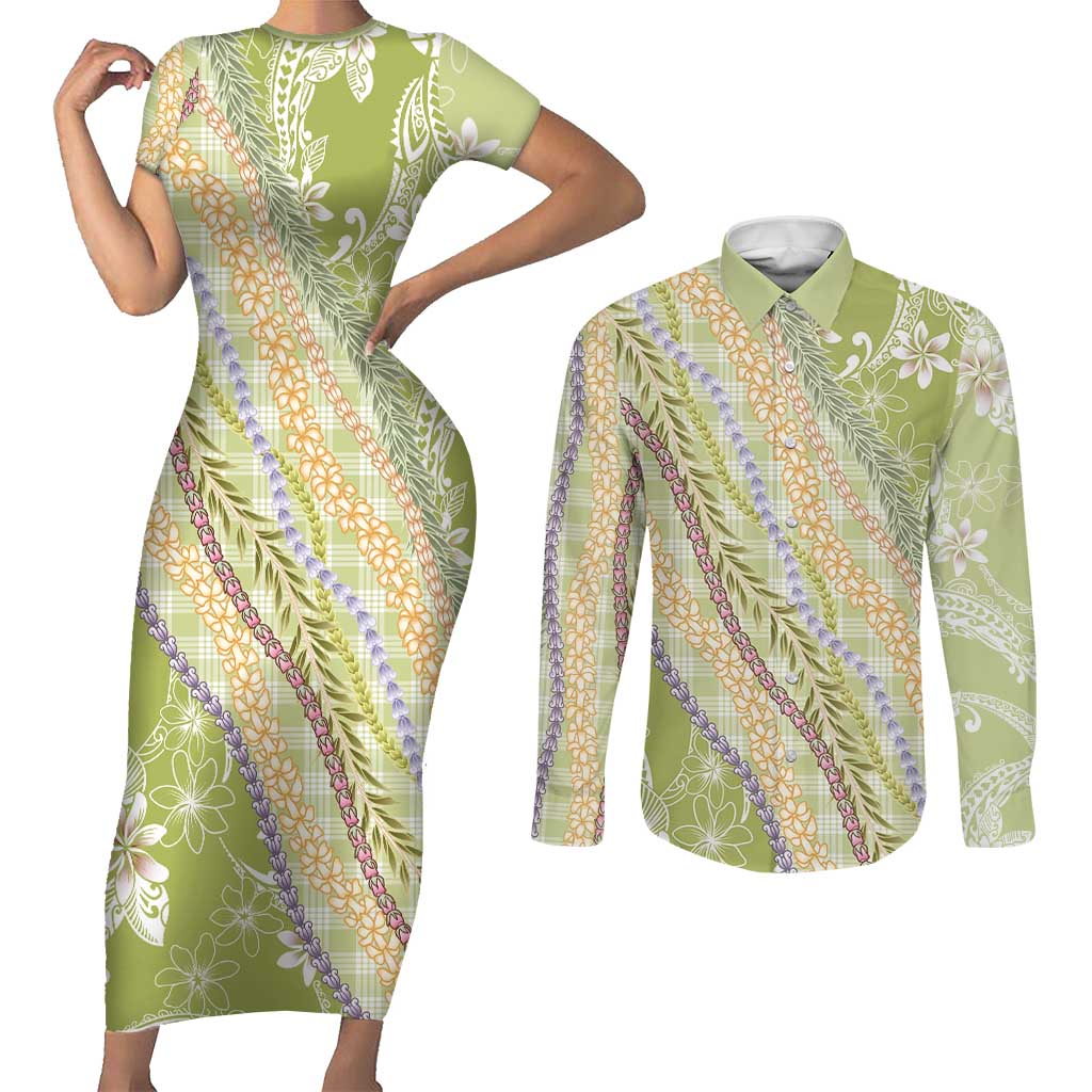 Green Palaka Hawaii Leis Couples Matching Short Sleeve Bodycon Dress and Long Sleeve Button Shirt Hawaiian-plaid Elegant Tropical Vibes LT14 Green - Polynesian Pride