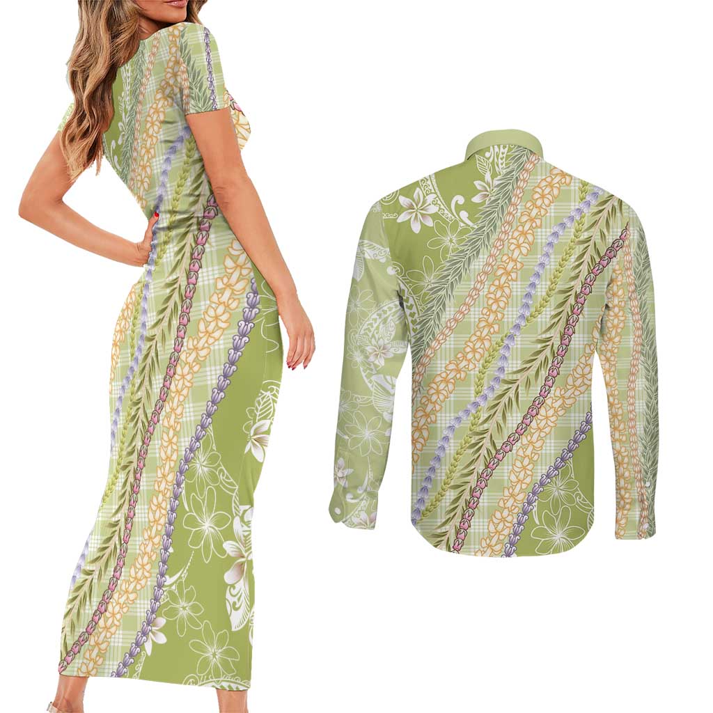 Green Palaka Hawaii Leis Couples Matching Short Sleeve Bodycon Dress and Long Sleeve Button Shirt Hawaiian-plaid Elegant Tropical Vibes LT14 - Polynesian Pride
