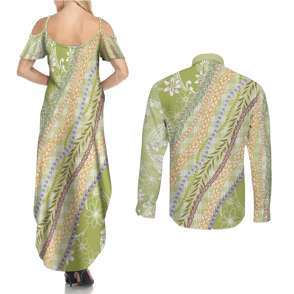 Green Palaka Hawaii Leis Couples Matching Summer Maxi Dress and Long Sleeve Button Shirt Hawaiian-plaid Elegant Tropical Vibes LT14 - Polynesian Pride