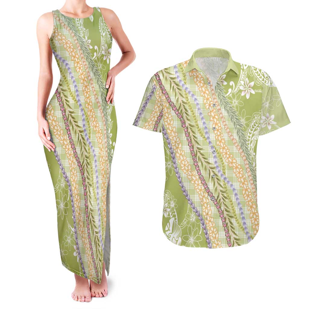 Green Palaka Hawaii Leis Couples Matching Tank Maxi Dress and Hawaiian Shirt Hawaiian-plaid Elegant Tropical Vibes - Polynesian Pride