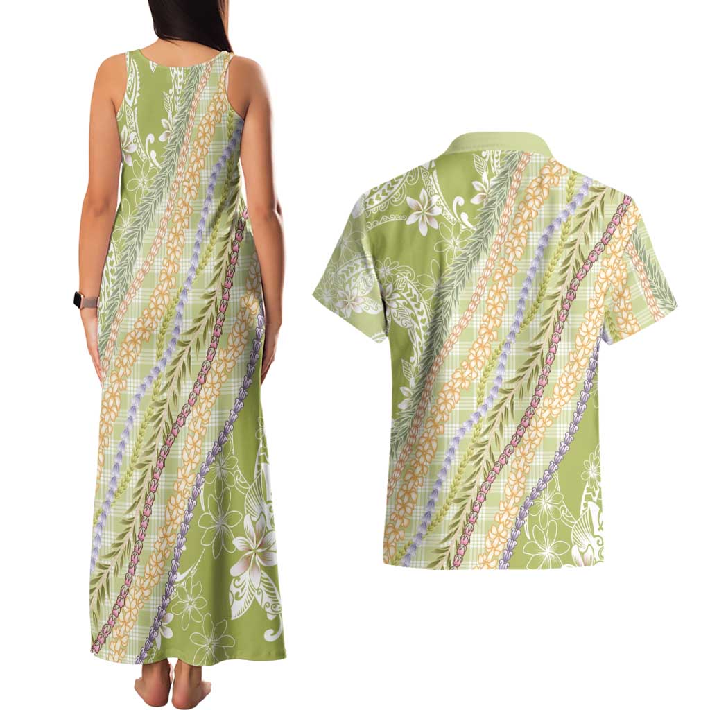 Green Palaka Hawaii Leis Couples Matching Tank Maxi Dress and Hawaiian Shirt Hawaiian-plaid Elegant Tropical Vibes - Polynesian Pride