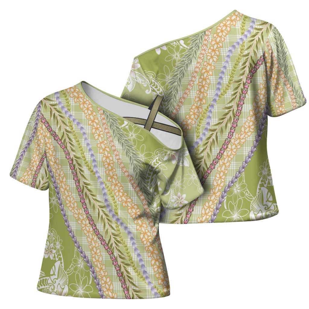 Green Palaka Hawaii Leis Cross Shoulder Shirt Hawaiian-plaid Elegant Tropical Vibes - Polynesian Pride